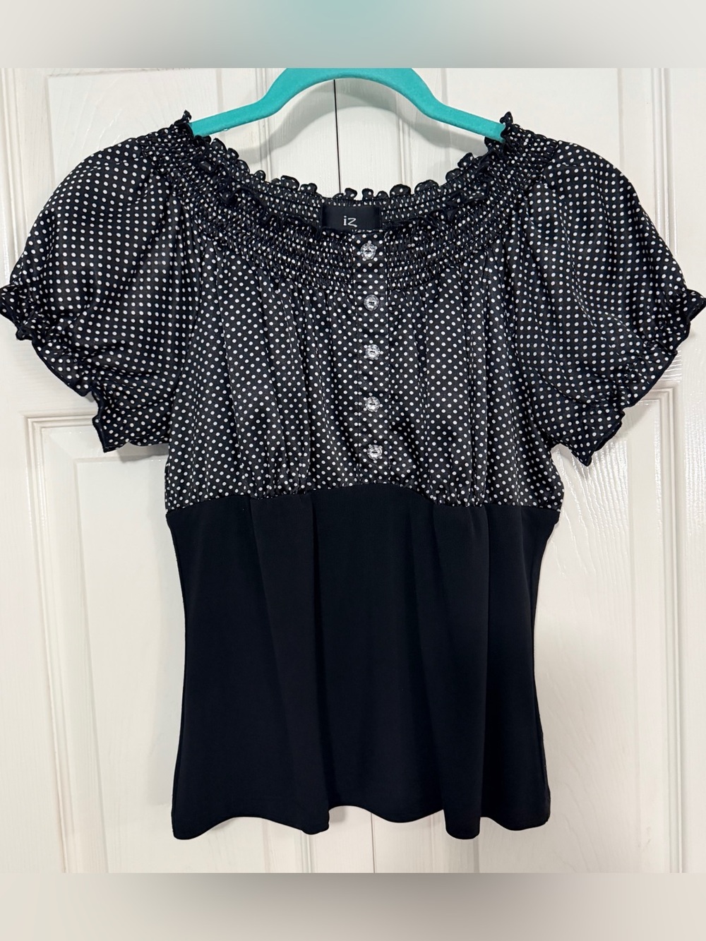 Byer California Black Polka Dot Peplum Ruffled Trim Puff Sleeve Top